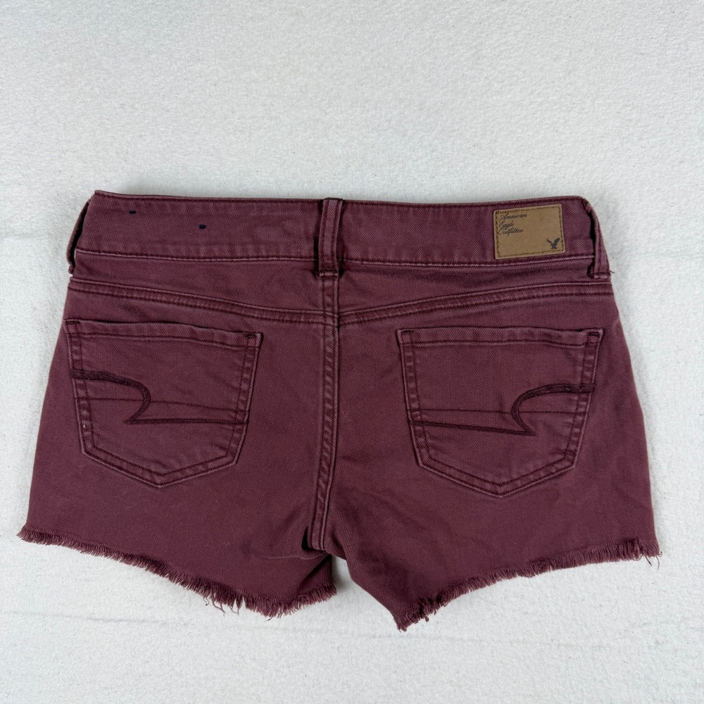 American Eagle Stretch Denim Shorts Burgundy Maroon Frayed Hem Size 0 Low Rise - Picture 6 of 7